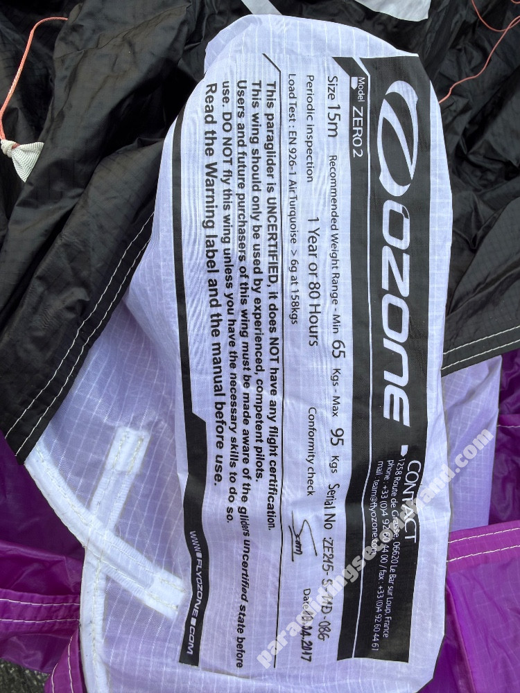 Ozone zero2, 15m2, 2017, (65-95kg), 20h