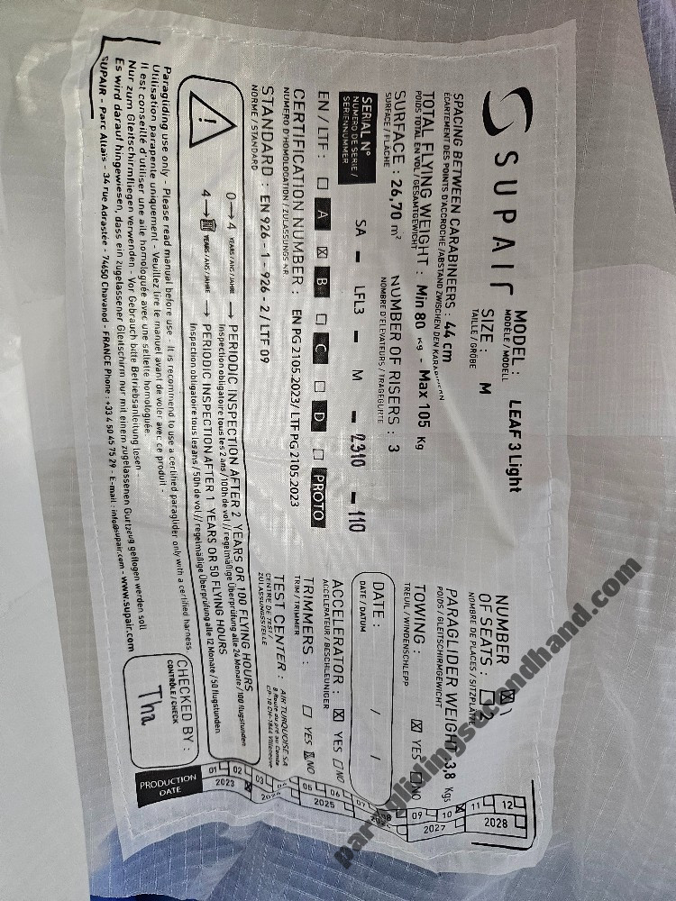 Supair Leaf 3 Light, M, 2023, (80-105kg), 15h