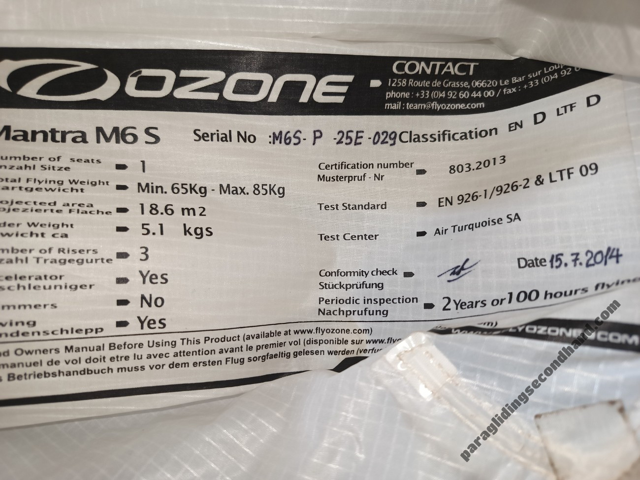 Ozone Mantra6, sm, 2014, (75-85kg), 150h